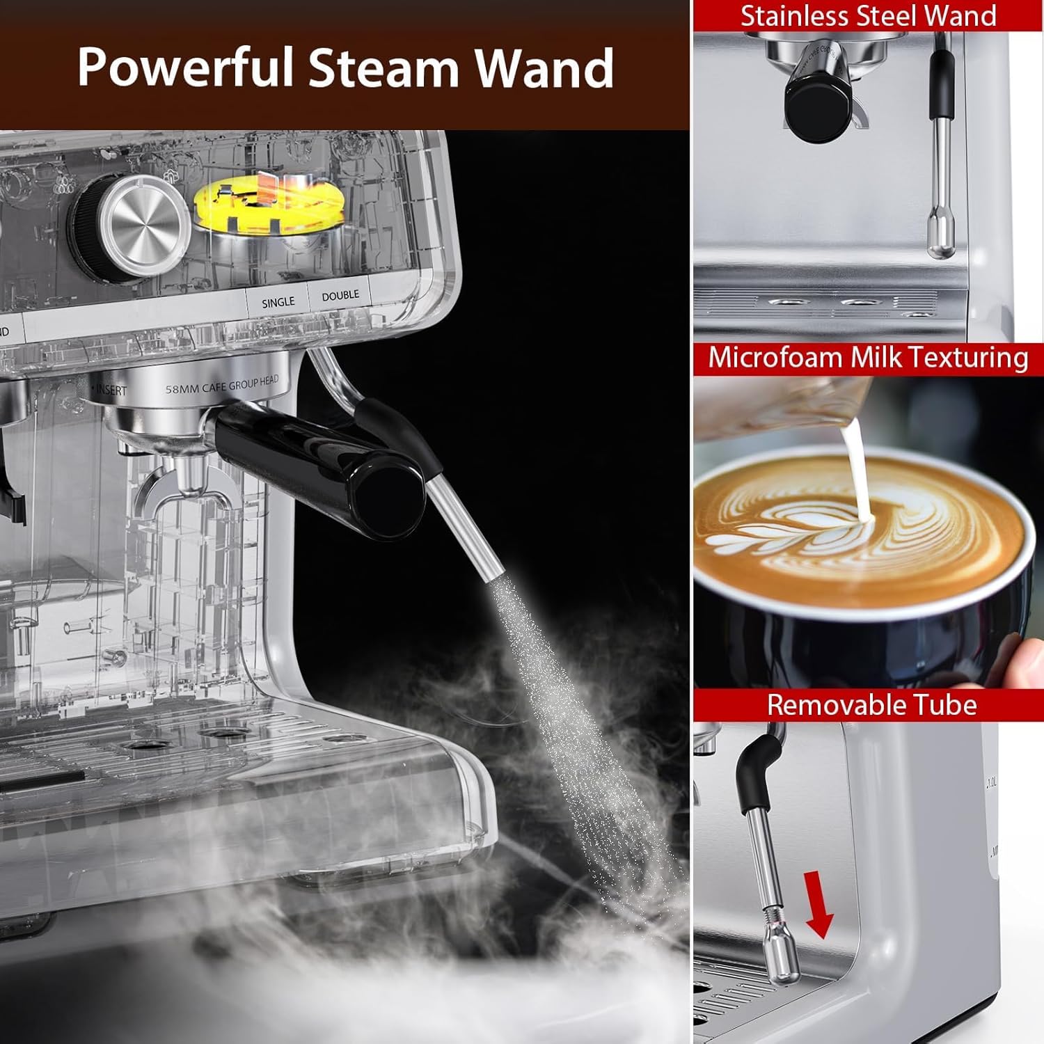 Espresso Machine with Grinder - Brushed Stainless Steel, Espresso Coffee Maker with Milk Frother, For Home Barista