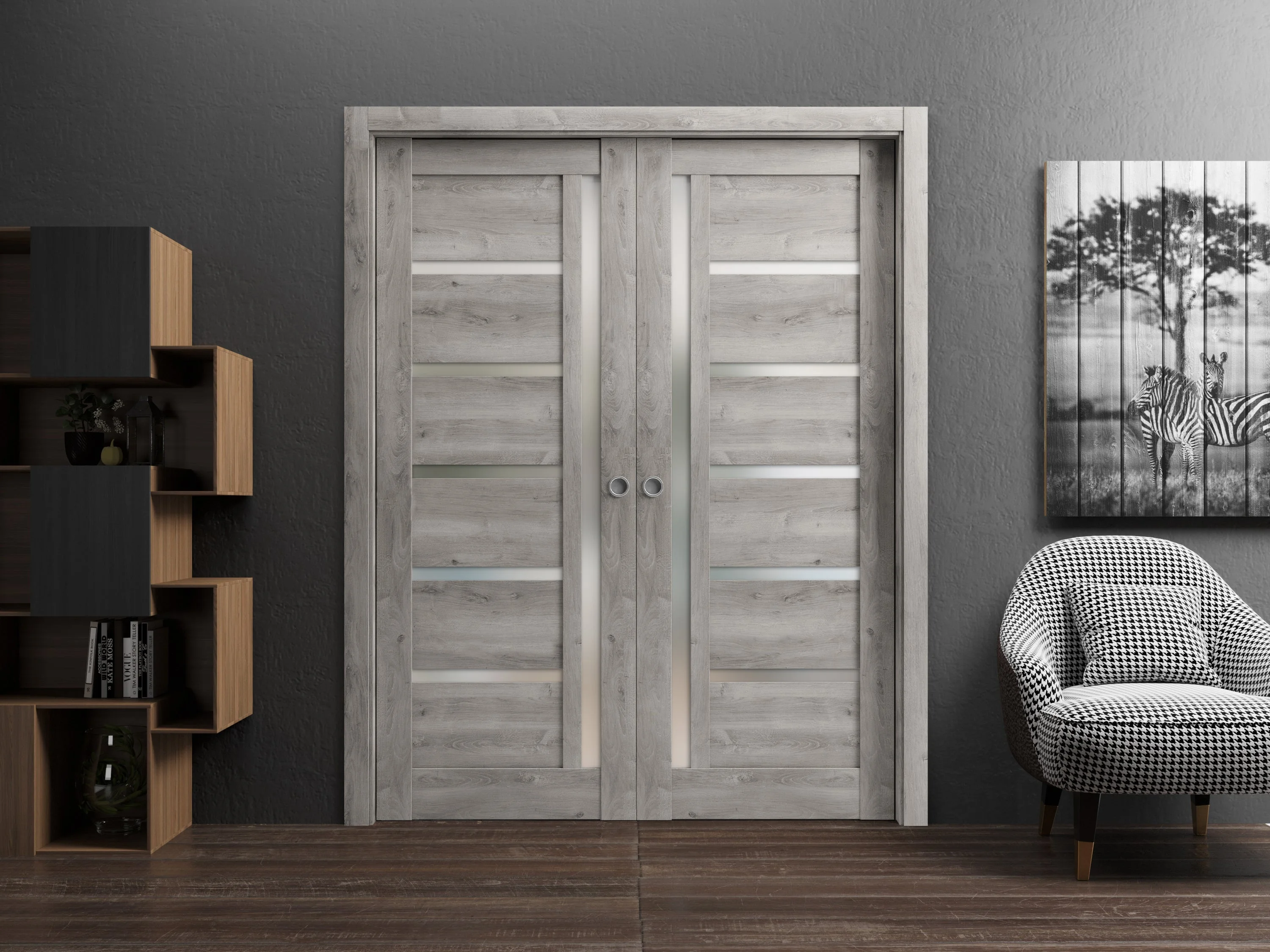 Sliding French Double Pocket Doors 84 x 80 inches | Quadro 4088 Nebraska Grey with Frosted Glass | Kit Trims Rail Hardware | Solid Wood Interior