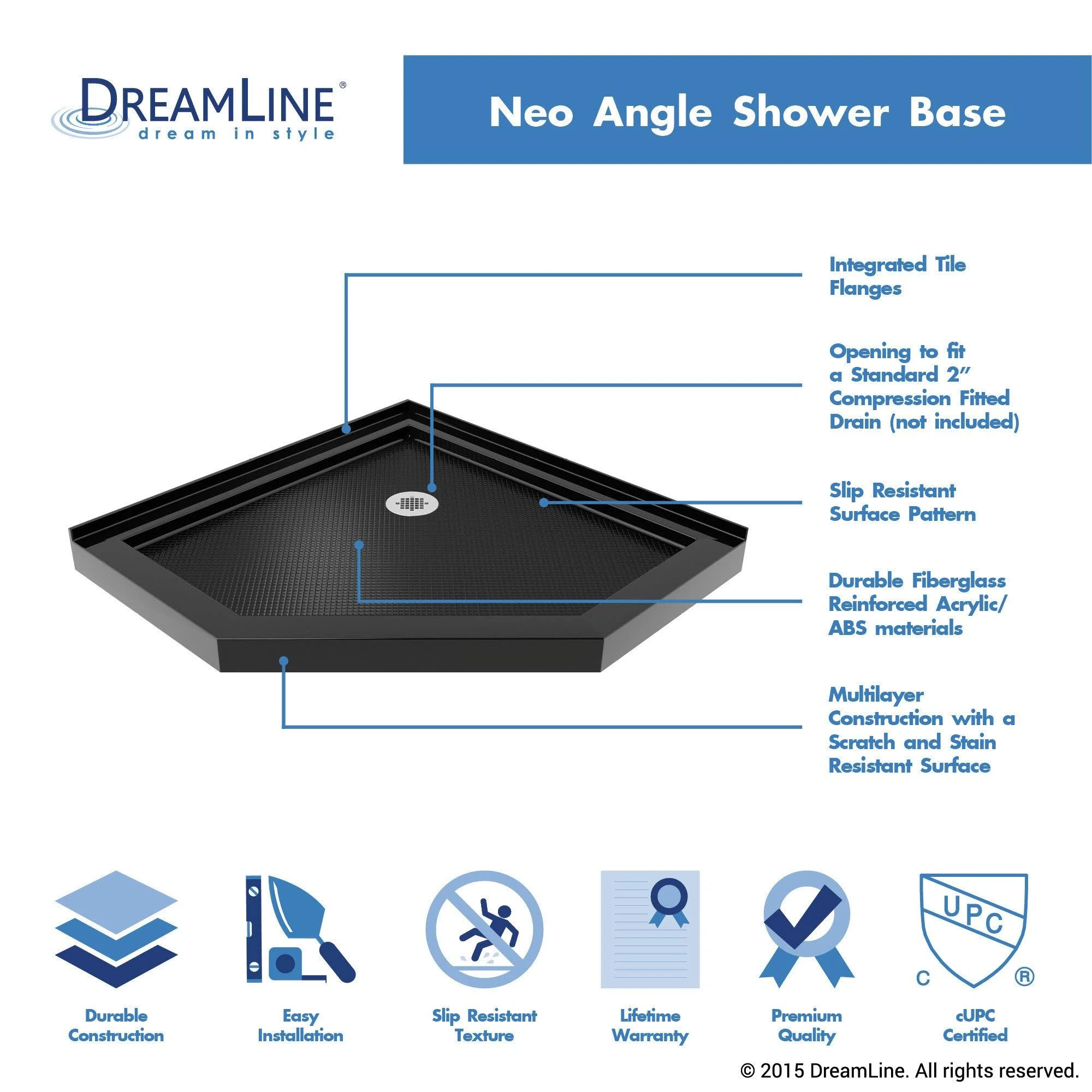 DreamLine DLT-2038380-88 Slimline 38x22D x 38x22W x 2 3/4x22H Corner Drain Neo-Angle Shower Base in Black