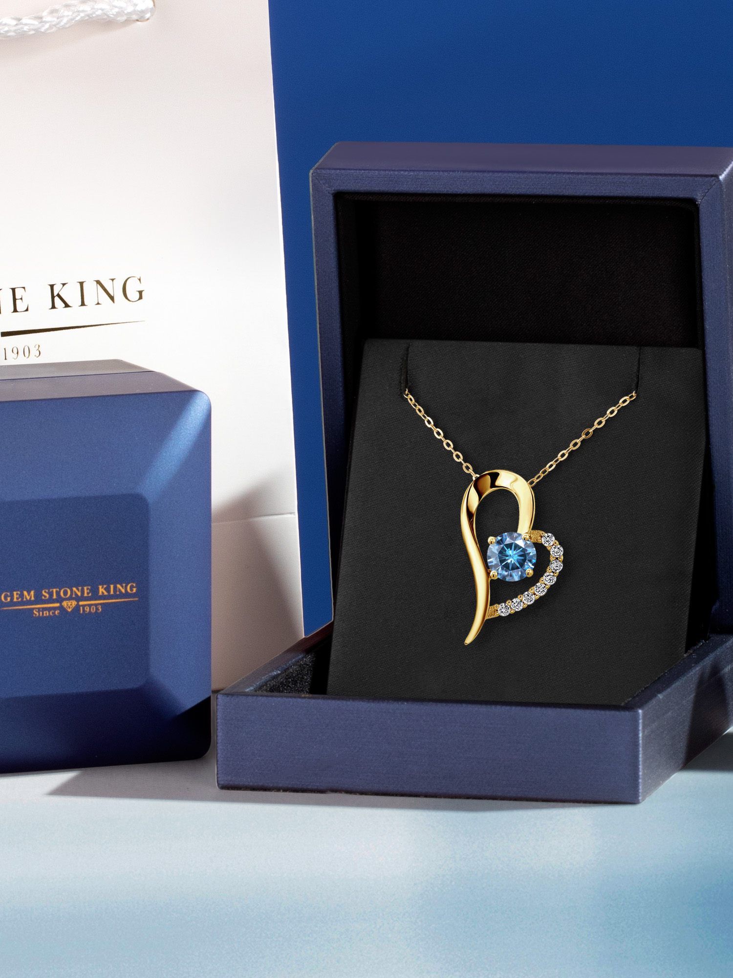 Gem Stone King 18K Yellow Gold Plated Silver Persian Blue Moissanite Heart Shape Pendant Necklace For Women (0.92 Cttw, Round 6MM