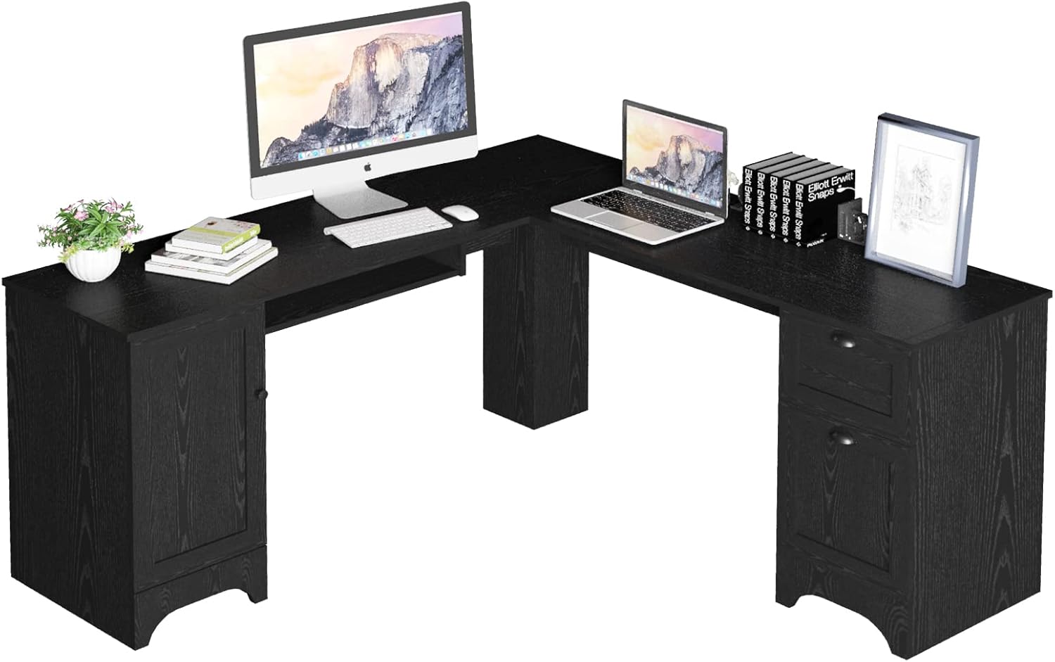 Tangkula L Shaped Office Desk, Corner Computer Desk with Storage Drawers & Cabinet, Home Office Desk with Pull-Out Keyboard Tray