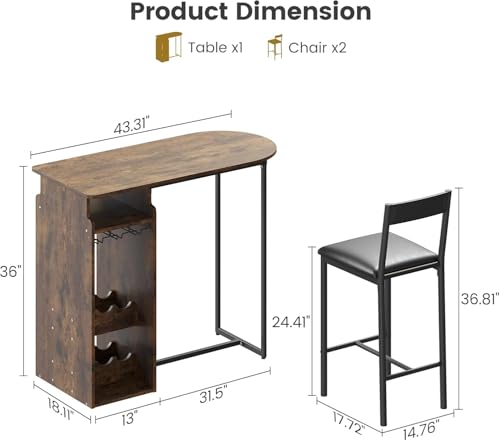 GAOMON Small Kitchen Table for 2, Stylish Bar Table and Chairs Set with Storage Shelves, Perfect for Breakfast Nook or Dining Area