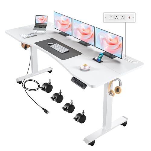 Electric Standing Adjustable Height Desk 55'' x 24''Sit Stand Desk with Charging Station, 2 USB Ports, 3 Power Outlets, 4 Caster