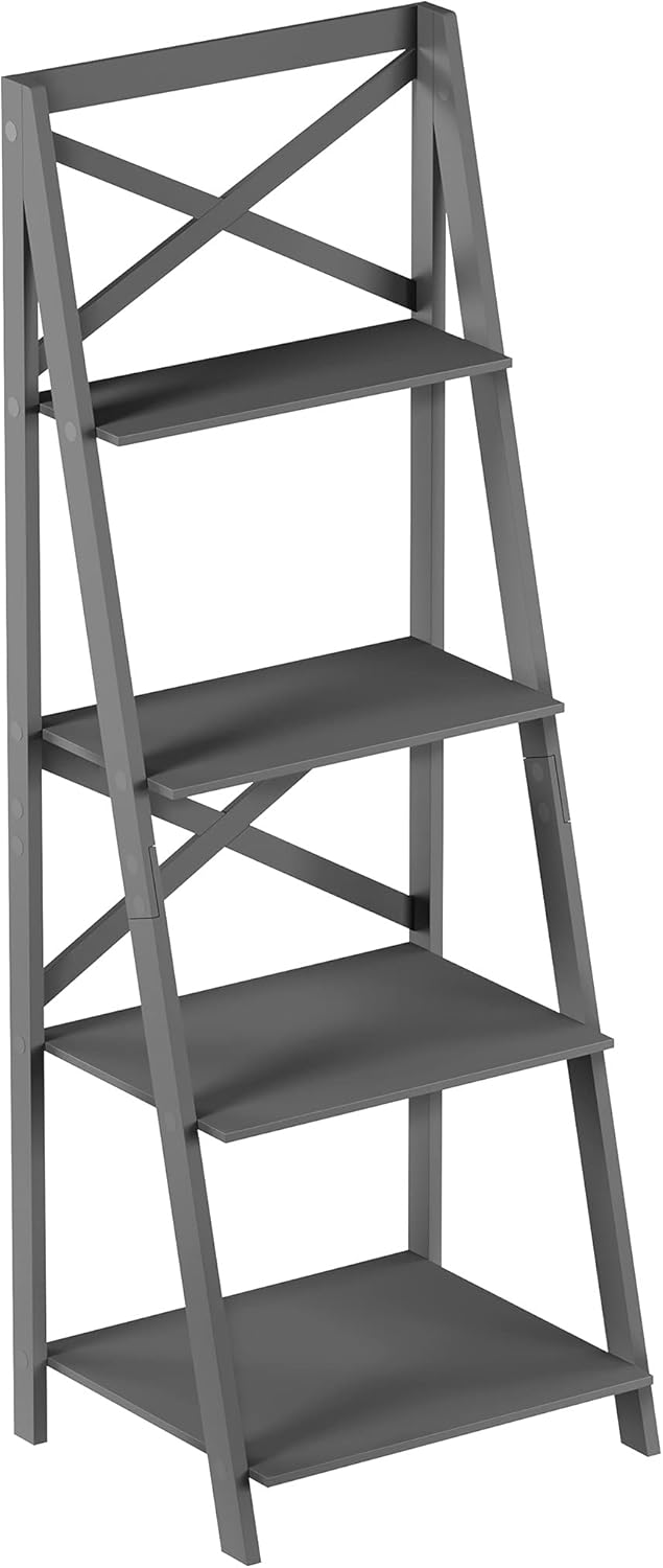 4 Shelf Ladder Bookshelf - Free Standing Tiered Bookcase, X Back Frame and Leaning Look Decorative Shelves for Home and Office by Lavish Home (Gray)