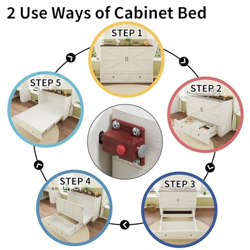 Queen Size Murphy Bed with Charging Station, Cabinet Bed with Large Storage Drawer for Home Office or Small Room, Hideaway Full Foldable Platform Bed