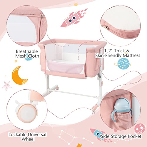 BABY JOY Bassinet Bedside Sleeper, 3 in 1 Folding Crib w/Adjustable Height, Mattress, Lockable Wheels, Storage Pocket & Carry Bag for Infant Newborn