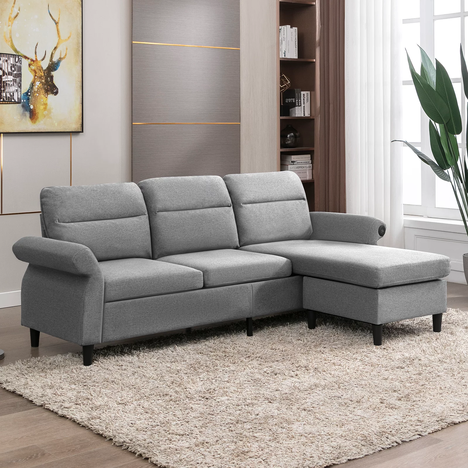 Mjkone Modern 88" W Convertible Sectional Sofa Couch with 2 USB Ports and Adjustable Armres,3 Seat L-Shape Sofa Couch with,Ottoman for Living Room