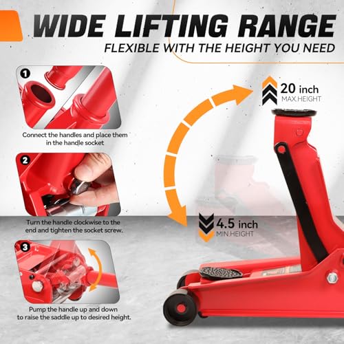 Auto Dynasty 4 Ton Low Profile Floor Jack, Heavy Duty Steel Hydraulic Car Jack with Dual Pistons Quick Lift Pump, Hydraulic Racing Floor Jack