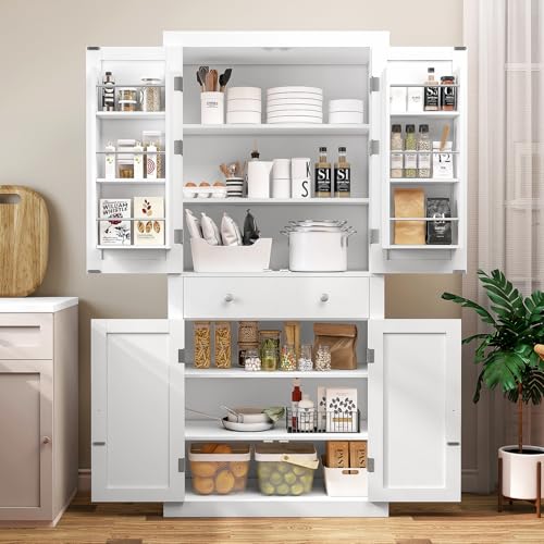 72” Pantry Cabinet, Kitchen Pantry Cabinet with 6 Doors Shelves & 1 Drawer, Kitchen Cabinets with 4 Door for Dinging Room, Living Room, White