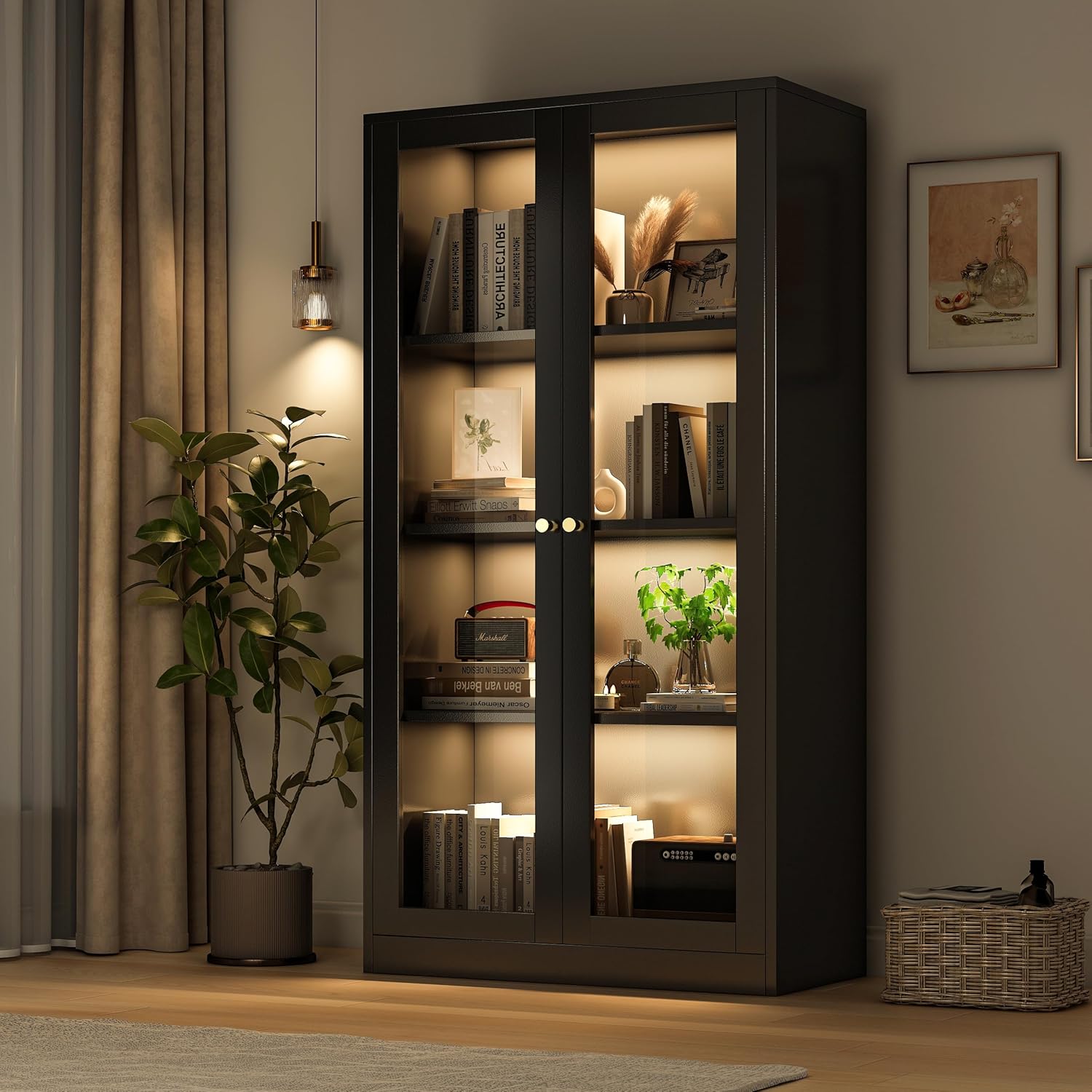 63'' Display Cabinet, Glass Display Cabinet with LED Light, 3 Adjustable Shelves, Curio Cabinet with Glass Doors for Home, Office, Collectibles