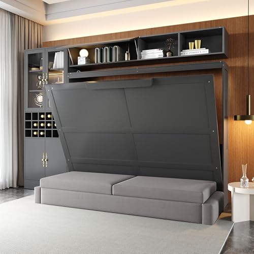 Queen Size Murphy Bed with Sofa, Shelves, USB & Light, Can be Folded Wall Bed and Tall Cabinet with Glass Doors& Wine Rack