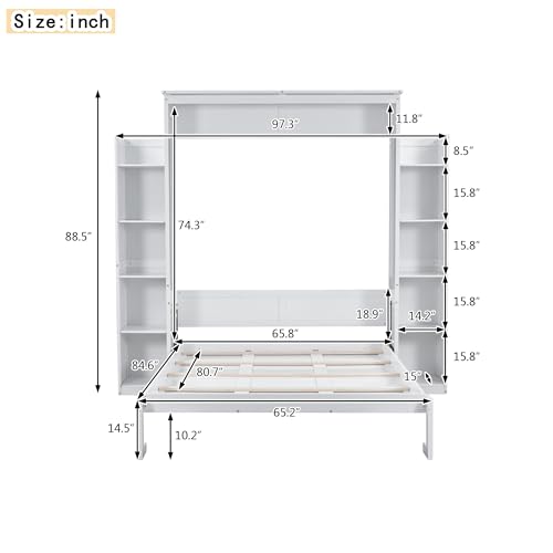 Harper & Bright Designs Queen Size Murphy Bed Wall Bed with Storage Shelves and LED Lights, Space-Saving for Multipurpose Guest Room or Home Office