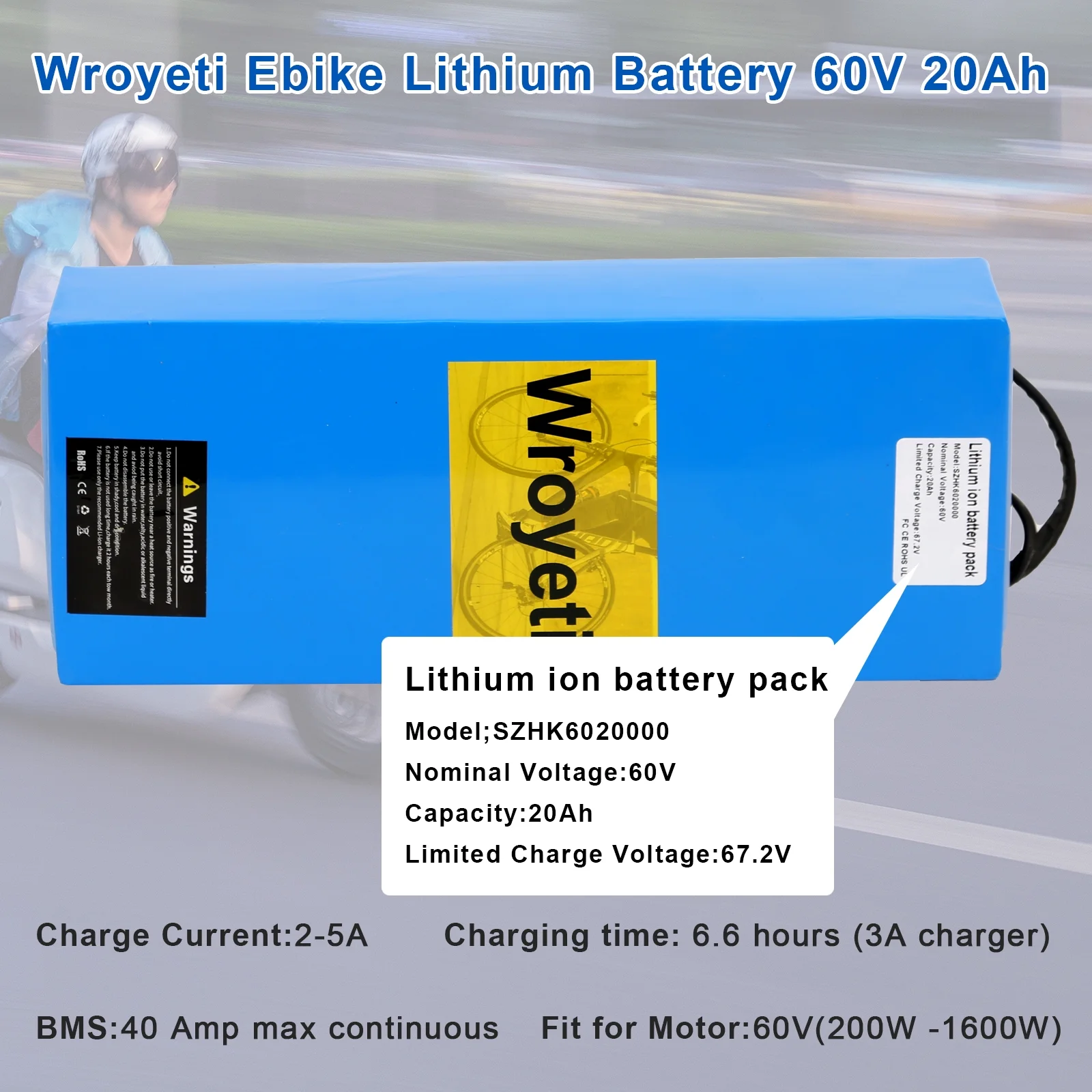 Electric Battery 60V 20Ah Electric Bike Lithium Ion Battery 60V Battery with 3A Charger, T-Plug Extension Cord