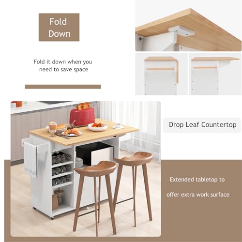 Rolling Kitchen Island with Drop Leaf & Power Outlet, Microwave Cart with Storage Cabinet, Drawer, Wine & Cup Holder, Spice & Towel Rack