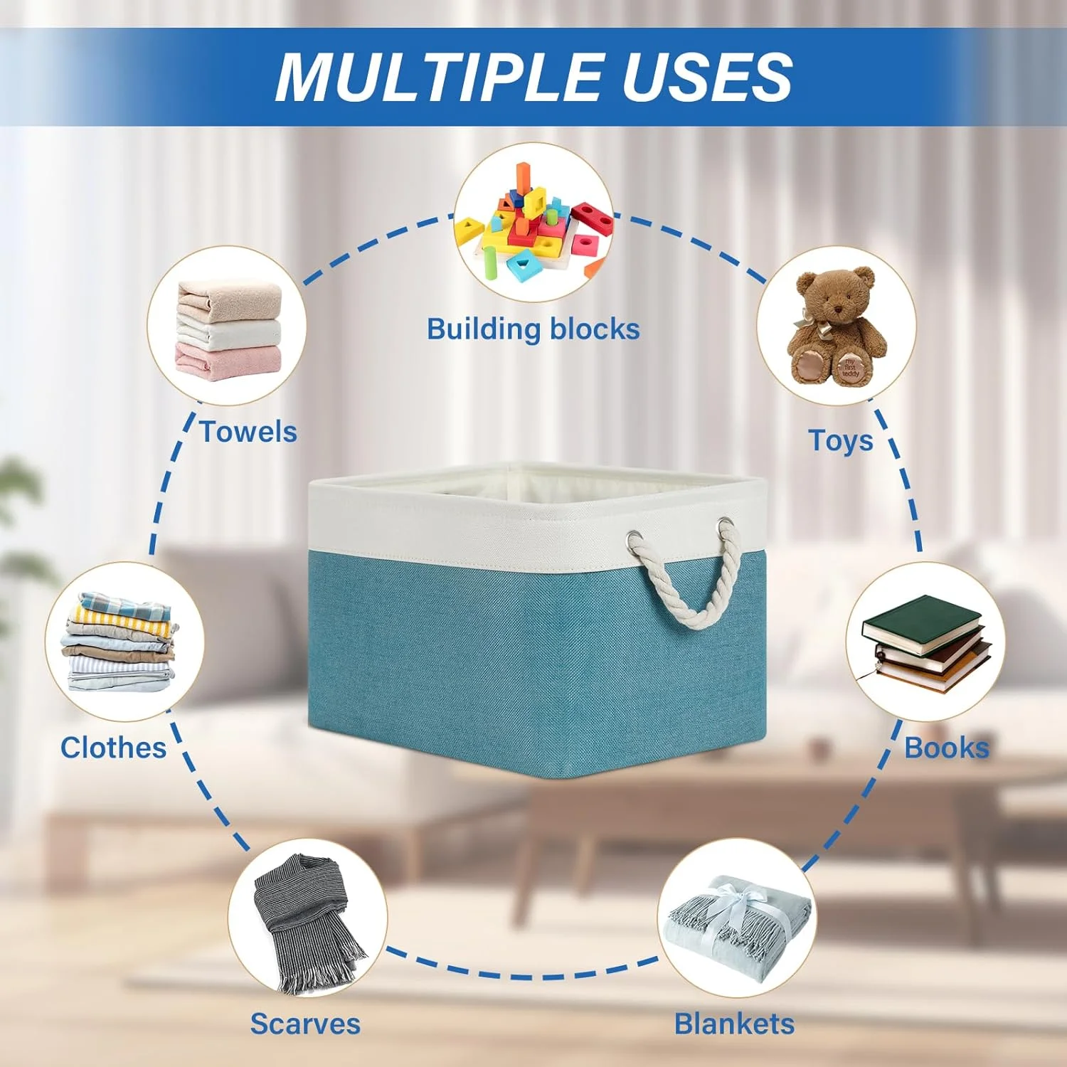 Fabric Storage Baskets 4Pack Storage Bins Decorative Basket for Gift, Clothes Bin with Rope Handle, Rectangle Baskets for Storage, Blankets(White&amp