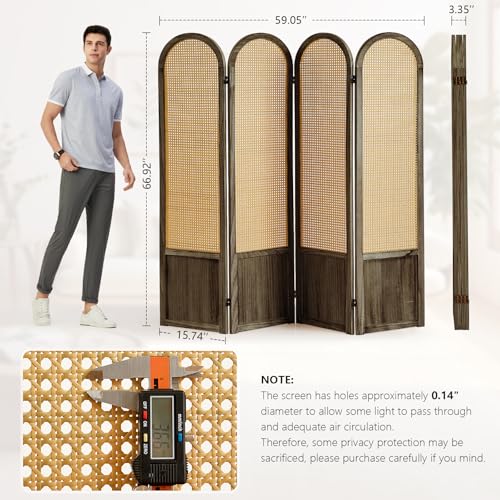 Room Divider 4 Panel, Folding Privacy Screen, Foldable Wood Divider Room Dec, Rattan Room Divider, Portable Partition Screen