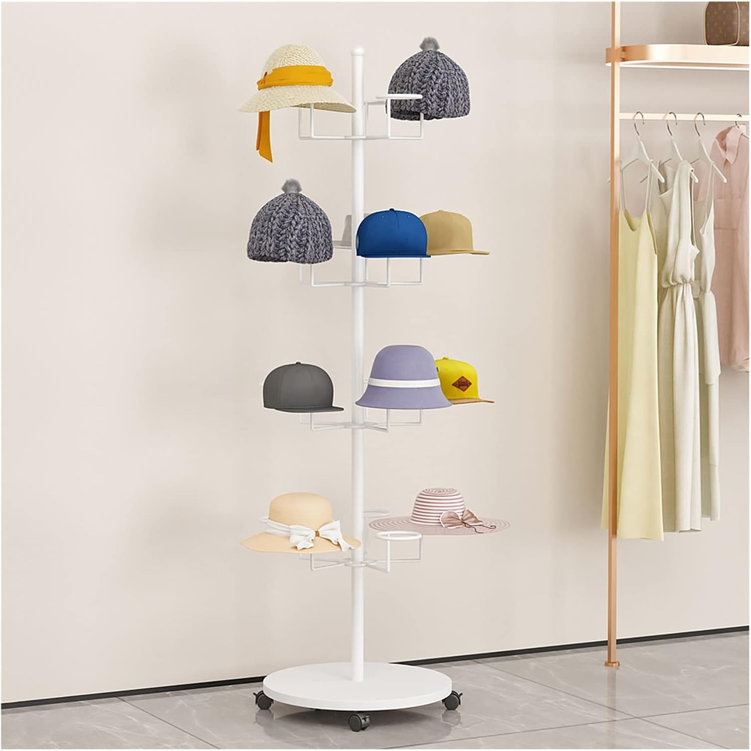 Commercial Modern Hats Display Rack Rotating Retail Hat Rack Stand with Wheels, Vertical Metal Hat Organizer for Multiple Wigs/Caps