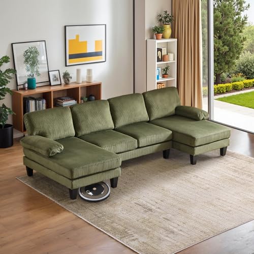 VINGLI 110" Sectional Couches for Living Room,U Shaped Couch with Double Chaise, 4-Seat Sofa Set with Chenille Fabric for Home Furniture,Forest Green