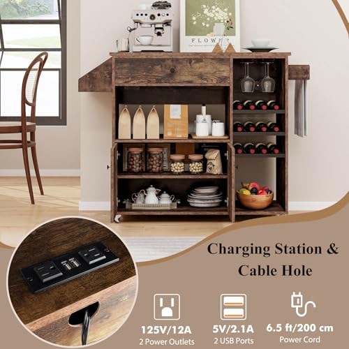 Rolling Kitchen Island with Drop Leaf & Power Outlet, Microwave Cart with Storage Cabinet, Drawer, Wine & Cup Holder, Spice & Towel Rack