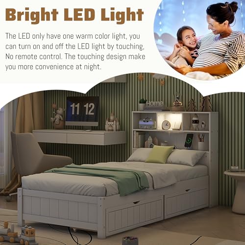 Twin Size Platform Bed with Bookcase Headboard, USB Charging Station and Downlight,Wood Twin Capatain Bed Frames with 2 Storage Drawers