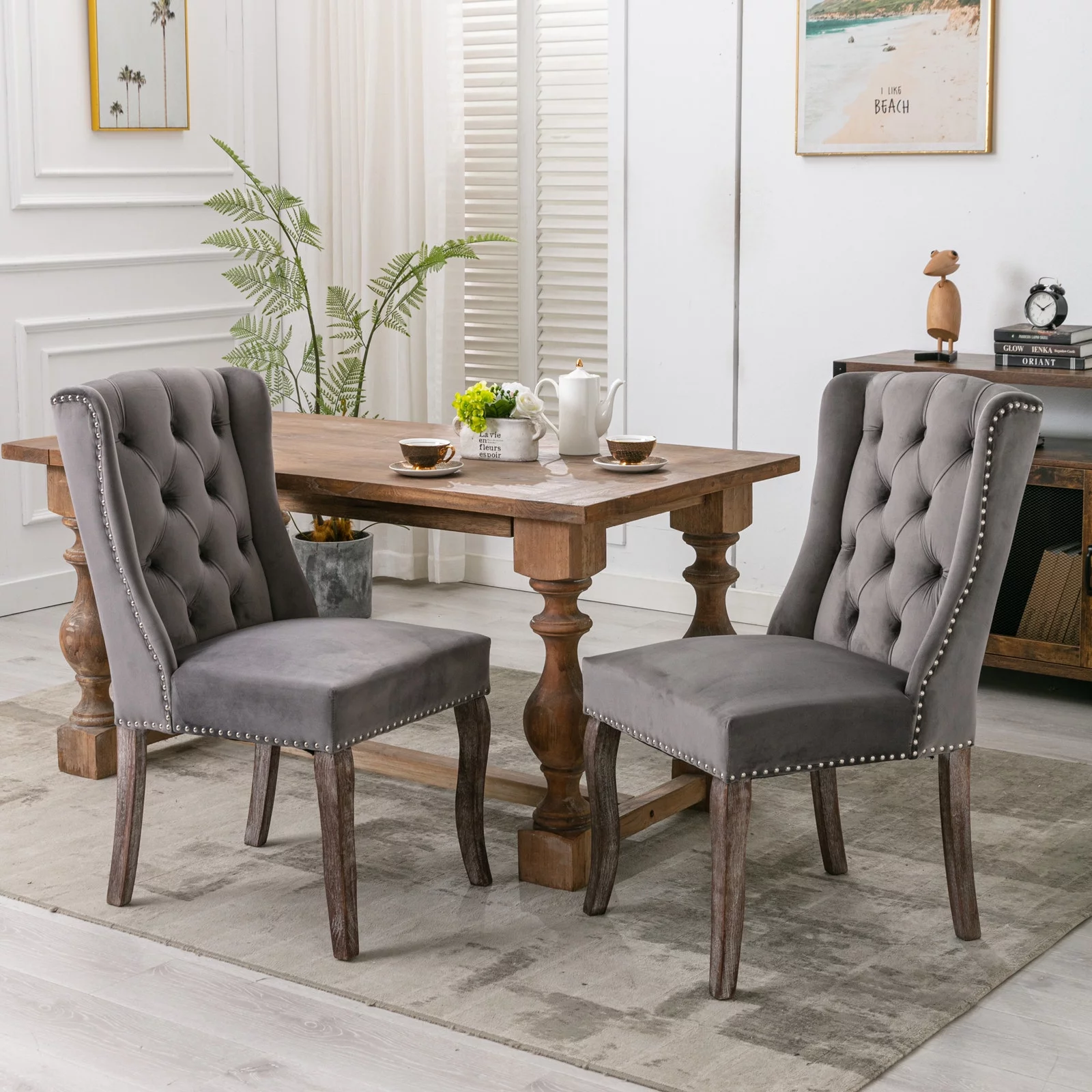 Country Cottage Farm Beach Dining Kitchen Vintage Style Side Chair, Velvet Fabric Wood