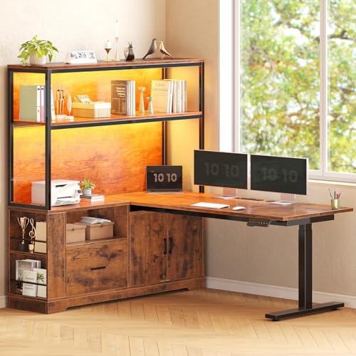 SEDETA L Shaped Standing Desk, Reversible Computer Office Desk with Drawers & Hutch