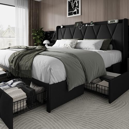Queen Bed Frame with 4 Storage Drawers and Charging Station, Upholstered Platform Bed Frame with Storage Headboard, No Box Spring Needed