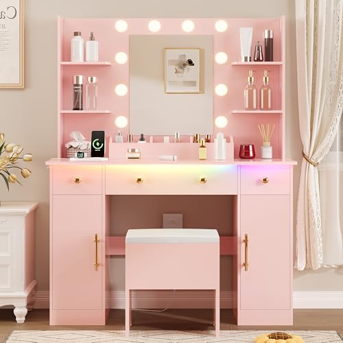 Vanity Desk with Mirror and Lights, Makeup Vanity with Charging Station & Vanity Stool
