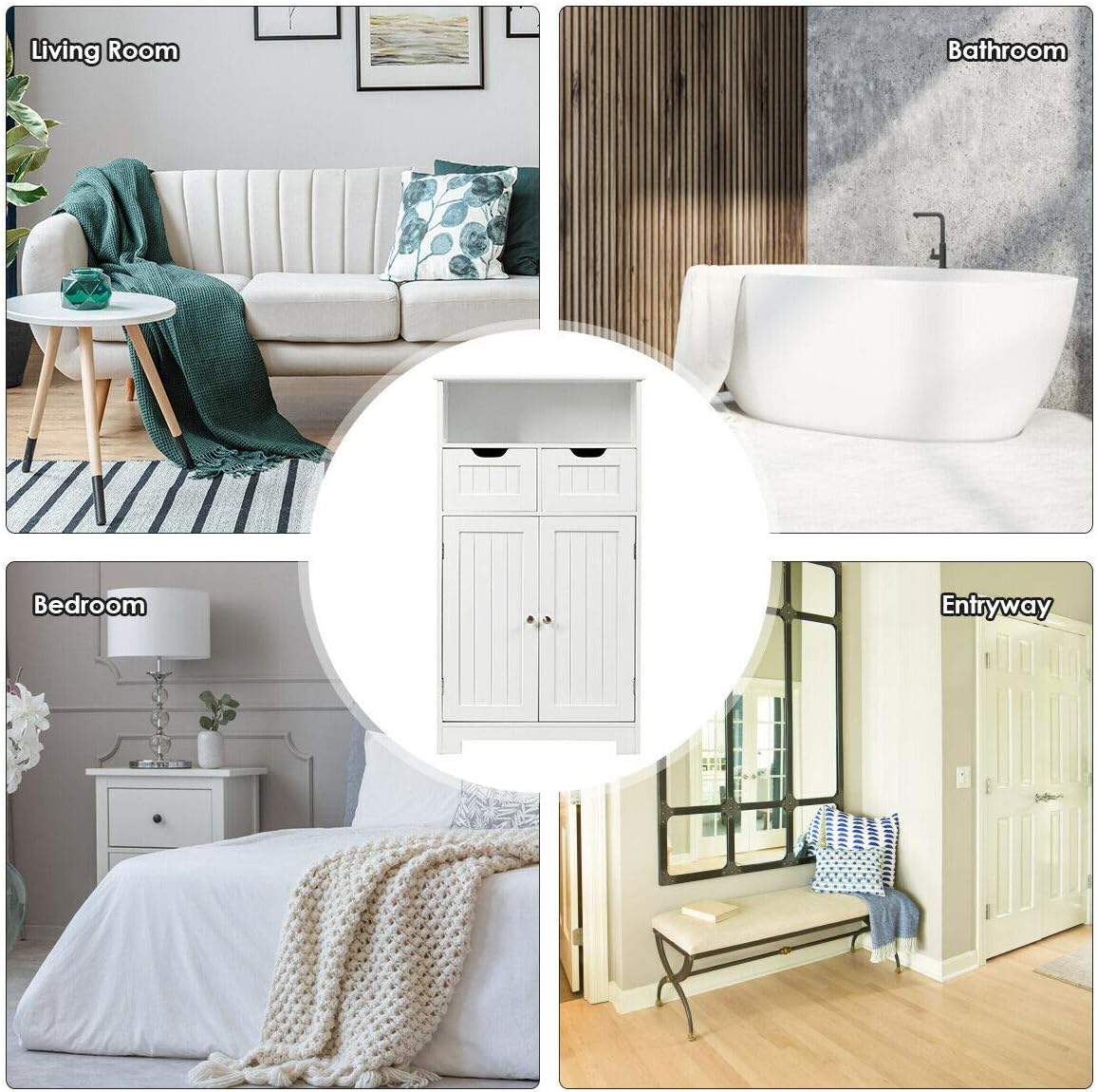 Elegant Design Multifunction Freestanding Bathroom Floor Cupboard Cabinet Storage Organize with 2 Drawer Adjustable 2 Doors Sturdy Durable for Toilet