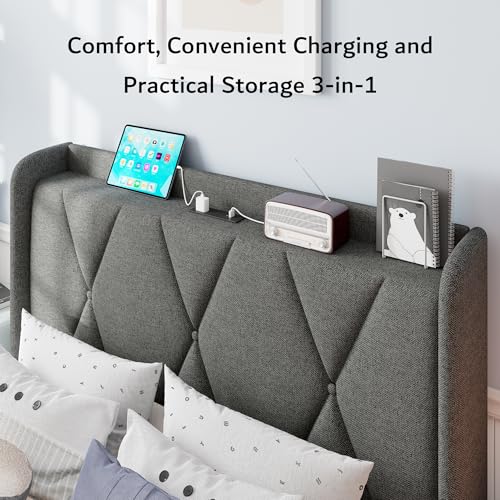 iPormis Queen Bed Frame with 4 Storage Drawers, Upholstered Platform Bed Frame with Charging Station, Modern Wingback Storage Headboard