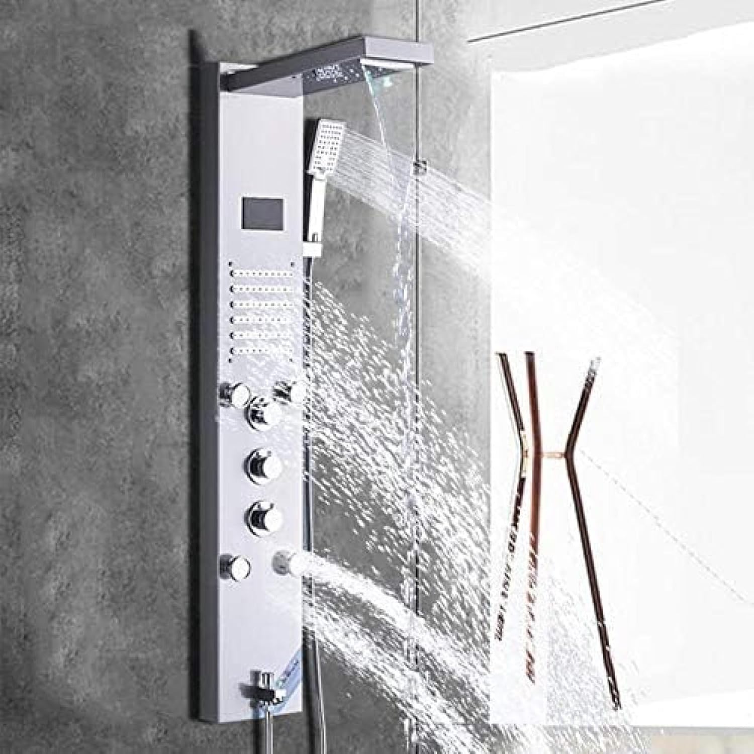 Shower System, Luxury LED Rain Waterfall Shower Panel Column Shower Faucet Set 4 Multi-functional Nozzles Massage SPA Jet Digital Screen