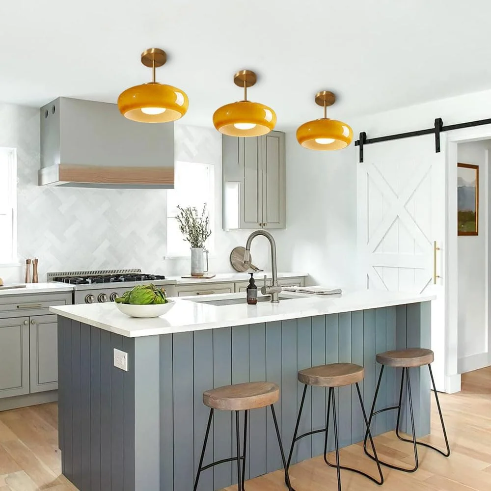 Arturesthome Ceiling Light Fixture Glass Lampshade Pendant Light with Brass Cover Amber Glass Hanging Lamp Vintage Yellow Glass Semi Flush Mount