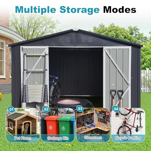 8x6 FT Outdoor Storage Shed, Metal Tool Shed with Lockable Doors, Peaked Roof & Frame Floor