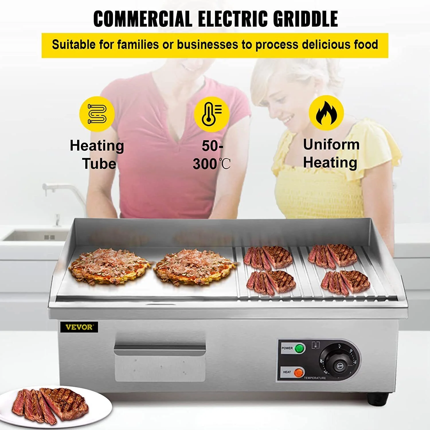1600W 22" Electric Griddle Flat Top Grill Hot Plate BBQ Countertop Commercial for Pan-Fried Steak, Hand Pancakes, Fried Tofu,Pancakes 122-572