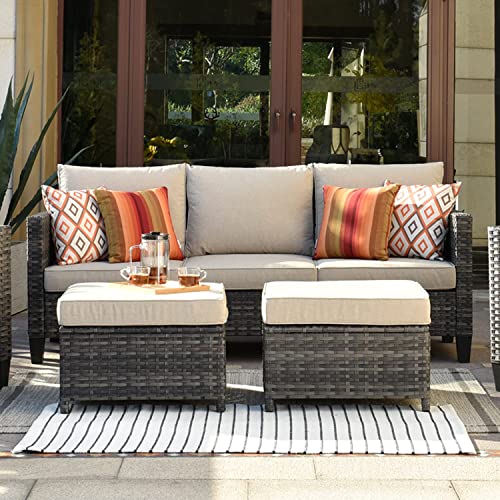 ovios Patio Sofa with 2 Ottomans, 3-Pieces Outdoor Rattan Wicker Couch with 2 footrests, All Weather 5 Seater Sofas Couches for Porch, Backyard