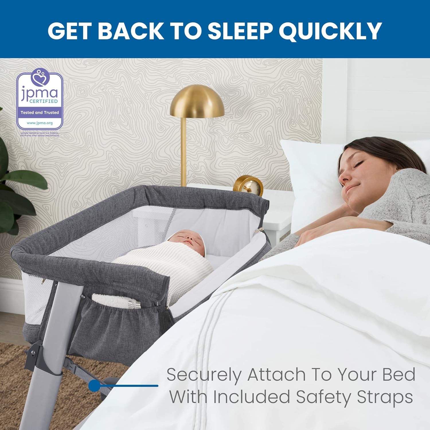 Delta Children Simmons Kids Dream Bedside Bassinet with Zip-Down Side Wall – Convenient Baby Sleeper with Breathable Mesh and Adjustable Heights