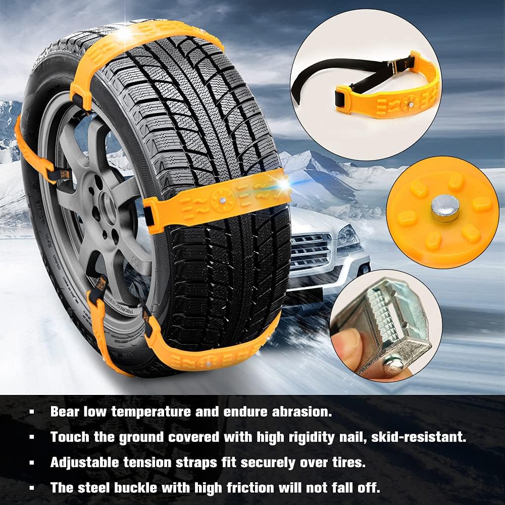 PTNHZ Universal Yellow 10pcs Car Snow Chains TPU Wheel Security Chains Adjustable Snow Tire Chains Belt Emergency Anti-Skid Anti-Slip For Cars Auto