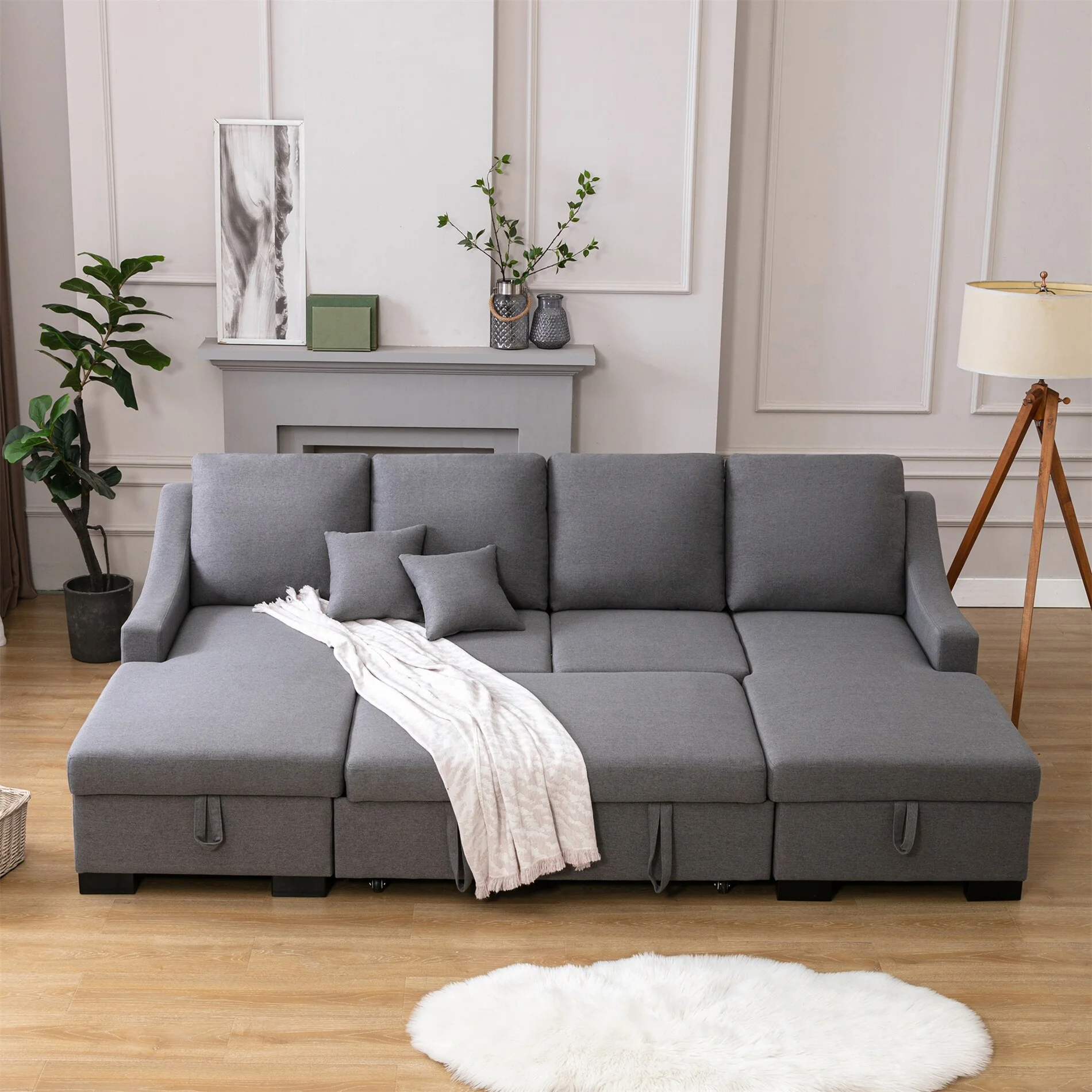BESTCOSTY Upholstery Sleeper Sofa with Double Storage Spaces, 2 Tossing Cushions