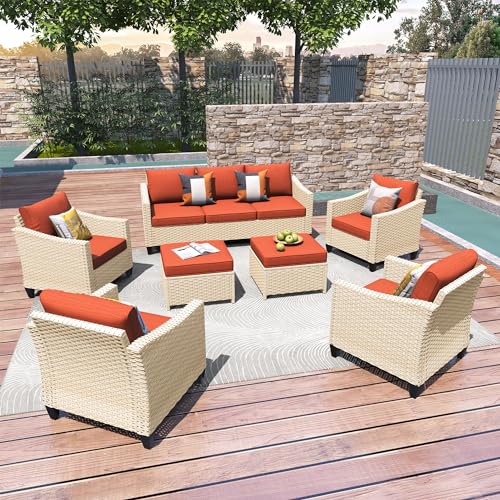 Wicker Patio Furniture Set,8 Pieces Modern Outdoor Conversation Set Sectional Sofa with Cushion and Ottomans for Garden, Poolside, Backyard