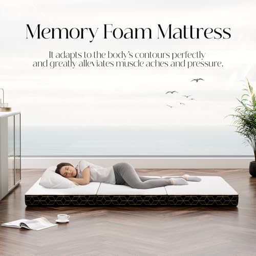 Tri-Fold Memory Foam Mattress Queen - 6 Inch Portable Folding Mattress with Handle & Washable Cover, Floor Bed with Non-Slip Base