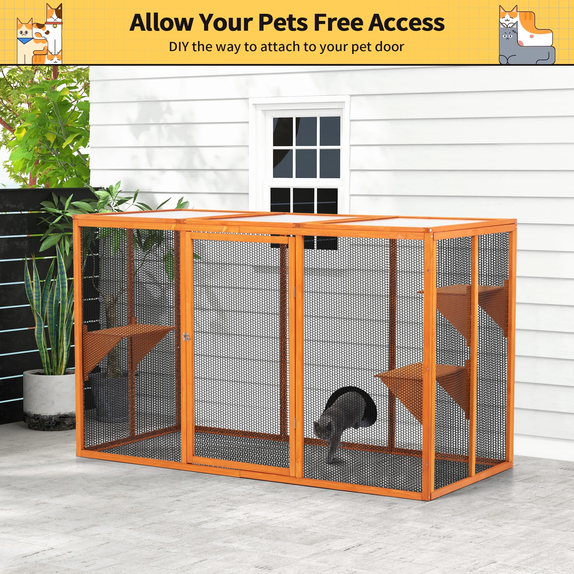 COZIWOW Outdoor Cat House, Wood Cat Catio with Platforms, Lockable Enter Door, Sunshine Panel, Cat Patio Cage Enclosure for Backyard Garden, Orange