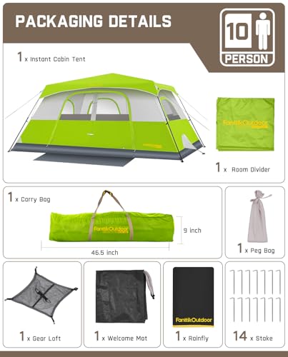 FanttikOutdoor Camping Tent 4/6/8/10 Person Instant Cabin Tent Setup in 60 Seconds with Rainfly & Windproof Portable with Carry Bag for Family