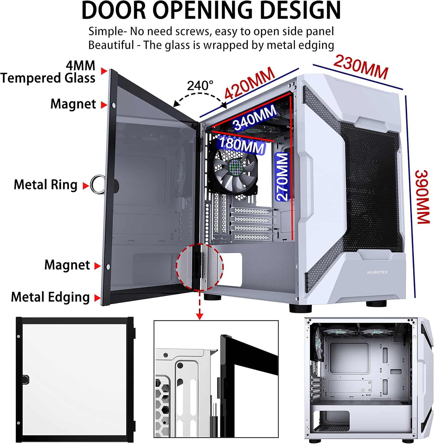 MUSETEX Mesh MATX (Micro-ATX) Mid Tower Case with 5 PCS × ARGB Fans Pre-Installed and 2 PCS × USB 3.0 Ports