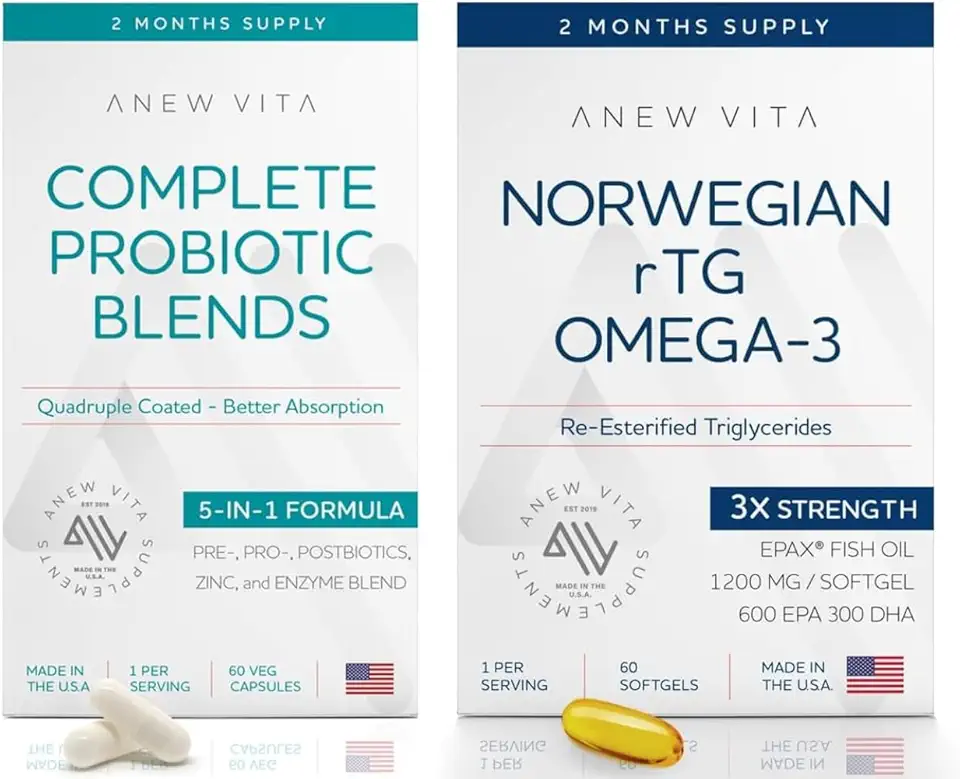 Norwegian rTG Omega 3 Fish Oil & Complete Probiotic Blend - Brain, Heart, & Gut Health Booster | 1200mg EPA/DHA & 10-Strain Probiotic | Joint, Skin
