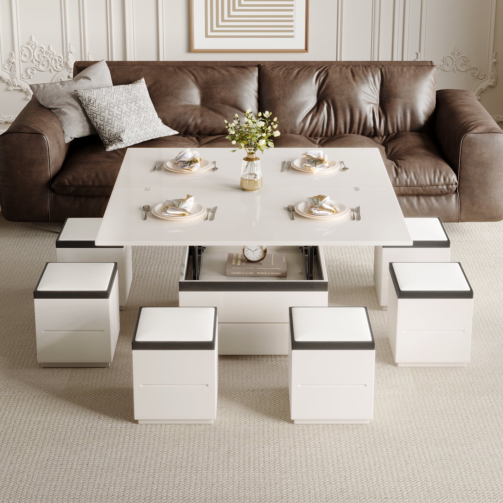 Guyii 47" Lift Top Coffee Table with 4 Stools, White Coffee Table Converts to Dining Table for 4-6 Person, Mobile Table with Drawers for Living Room
