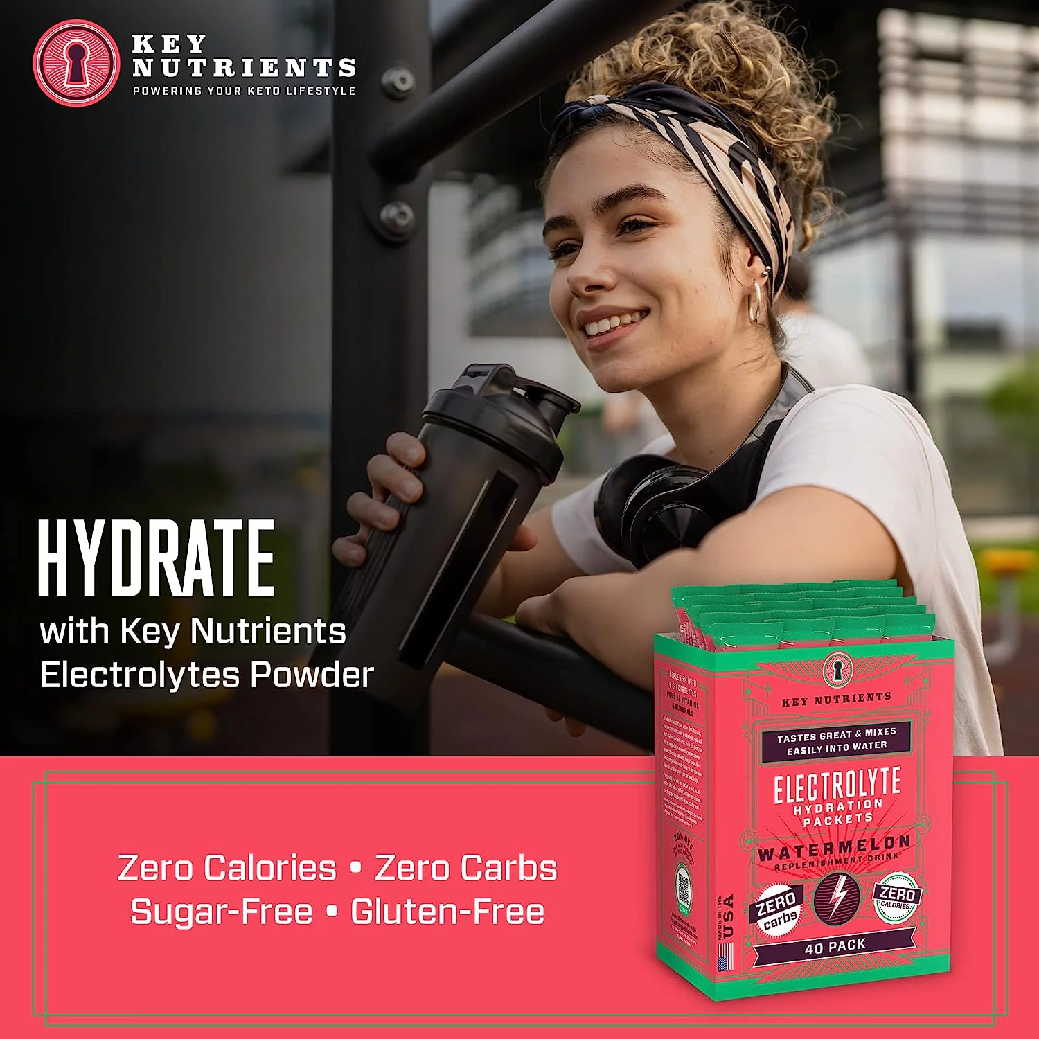 KEY NUTRIENTS Electrolytes Powder Packets - Refreshing Watermelon 40 Pack Hydration Packets - Travel Hydration Powder - No Sugar, No Calories