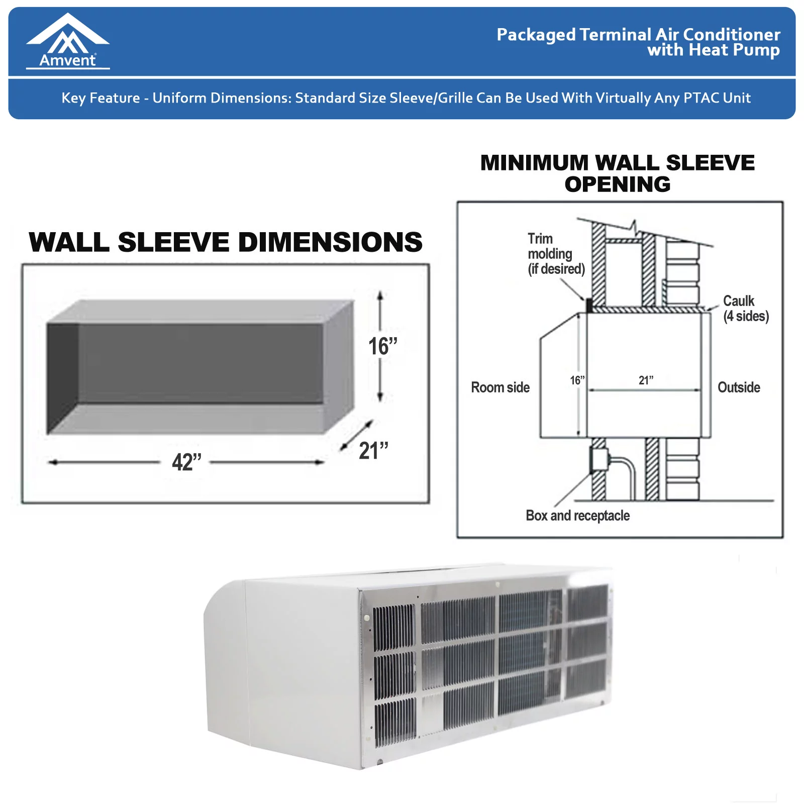PTAC Air Conditioning /Heat Pump/Dehumidifier  12,000 BTU (1 Ton) with Remote, Wall Sleeve, Grille, and Plug