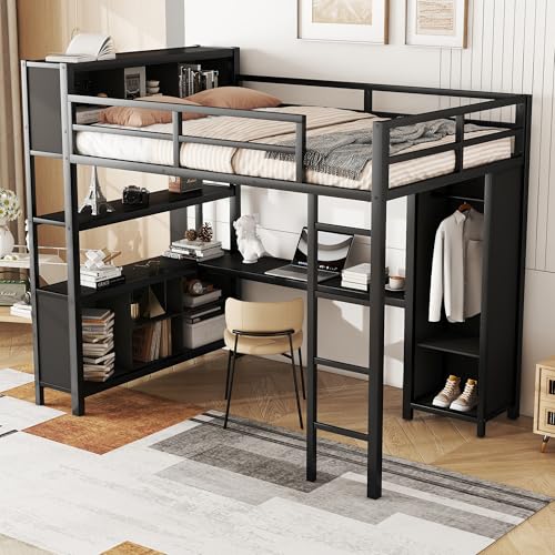 Bellamave Metal Loft Bed with Wardrobe and L-Shaped Desk, Full Size Loft Bed with Storage Cubes and Shelves, Heavy Duty LoftBed for Kids Teens Adults