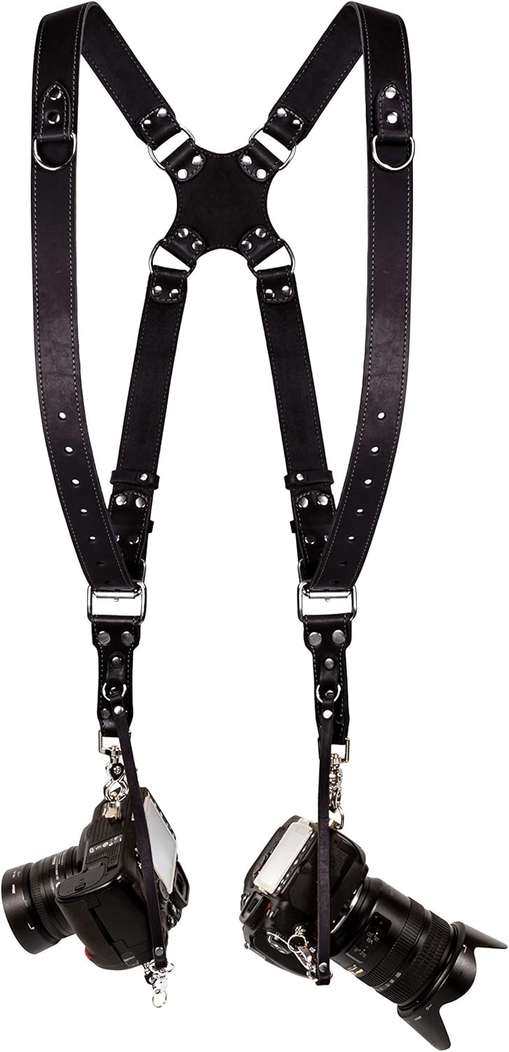 Camera Strap Accessories for Two-Cameras – Dual Shoulder Leather Harness – Multi Camera Gear for DSLR/SLR strap by C Coiro