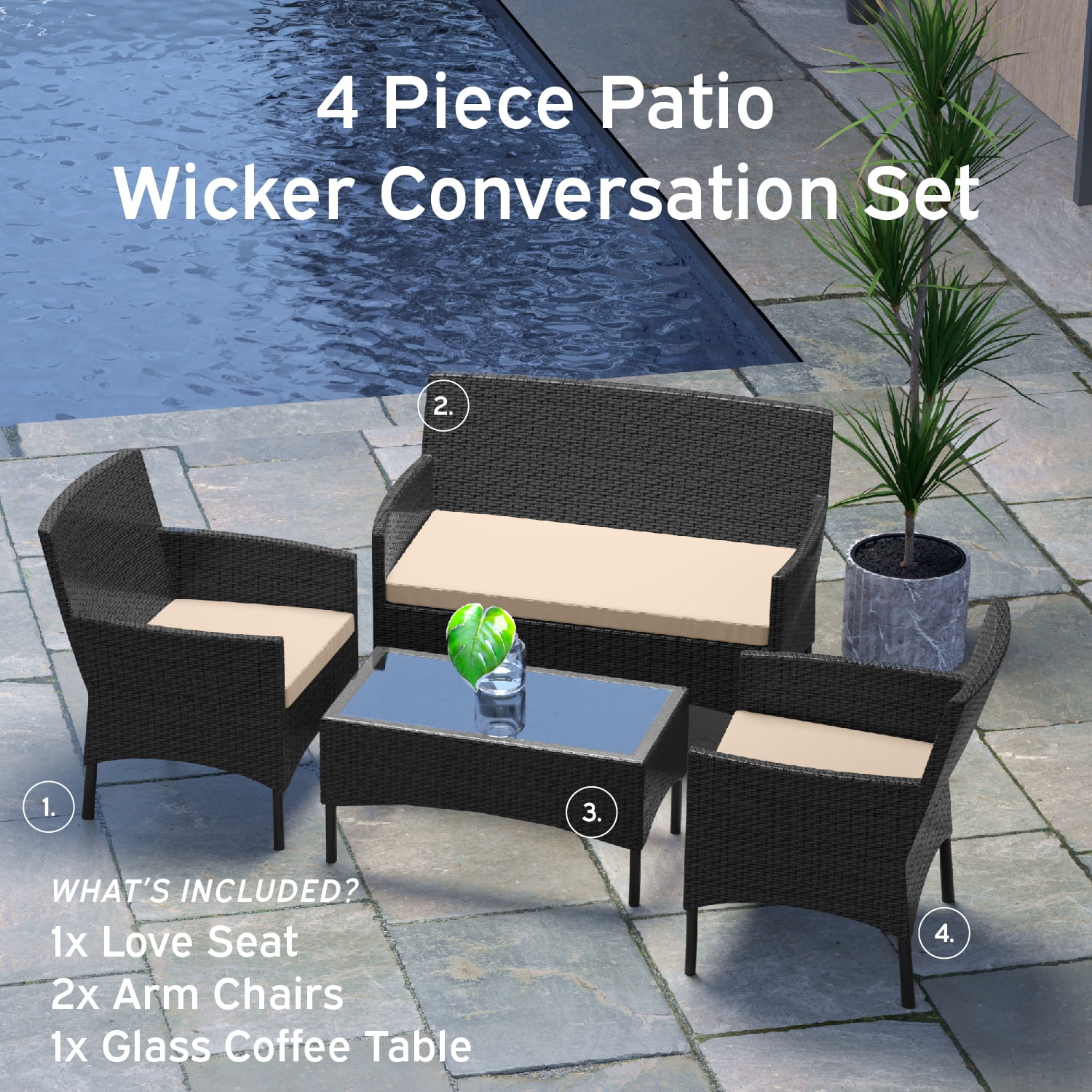 Nestl 4-Piece Outdoor Patio Furniture Set, Wicker Patio Conversation Set, Black/Beige